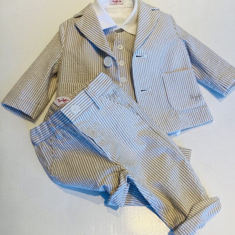 Completo baby in cotone rigato composto da giacca, gilet e pantalone lungo o bermuda
